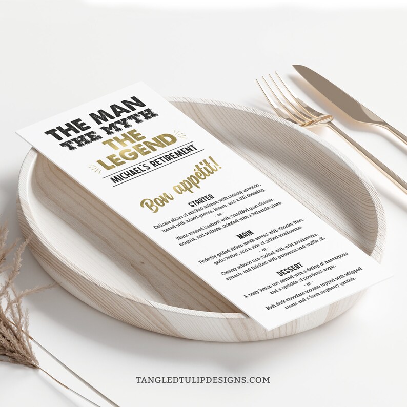 Retirement Menu. Example Retirement Dinner Menu | Man Myth Legend Menu and Thank You Card ...