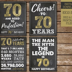 70th Birthday Signs for Men, Aged to Perfection, PRINTABLE Cheers to 70 Years, Happy 70th Birthday, Gold Birthday Signs, BG70 WG70 WG70