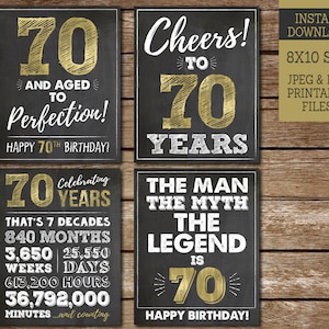Signos de cumpleaños número 70 para hombres, envejecidos a la perfección, saludos IMPRIMIBLES a 70 años, feliz cumpleaños número 70, signos de cumpleaños dorados, BG70 WG70 WG70
