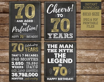 70th Birthday Signs for Men, Aged to Perfection, PRINTABLE Cheers to 70 Years, Happy 70th Birthday, Gold Birthday Signs, BG70 WG70 WG70