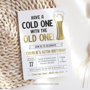 60th Birthday Invitation | Man Cold One Old One Beer Birthday Party Invite | Printable Editable Template | Instant Download BG60