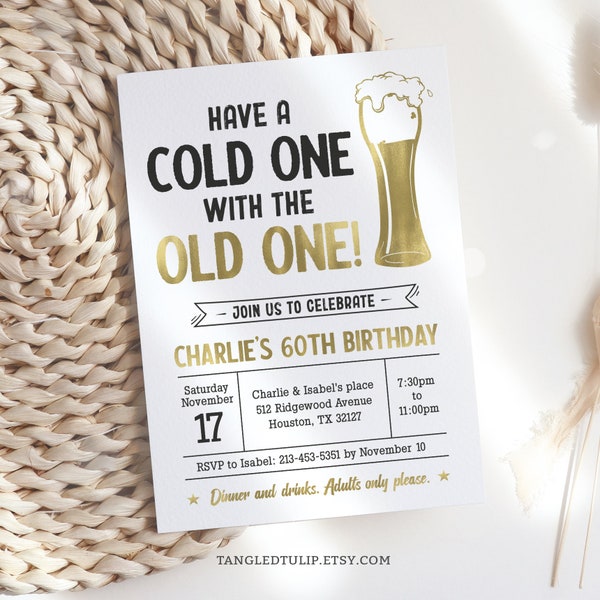 60th Birthday Invitation | Man Cold One Old One Beer Birthday Party Invite | Printable Editable Template | Instant Download BG60