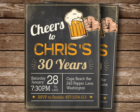 30th Birthday Invitation for Man, Cheers to 30 Years Printable Invite, Chalkboard Party Invite, Digital Invite, Printable, Surprise Party Il_570xn