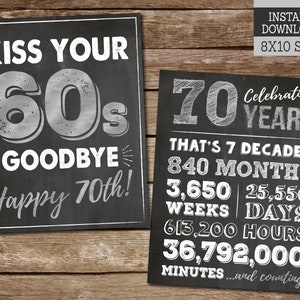 Kiss Your 60s Goodbye, 70 Aged to Perfection, Happy 70th Birthday PRINTABLE signs, Cheers to 70 Years, Instant Download image 3