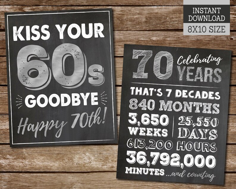 Kiss Your 60s Goodbye, 70 Aged to Perfection, Happy 70th Birthday PRINTABLE signs, Cheers to 70 Years, Instant Download image 3