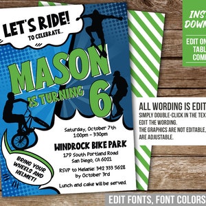 Bike Skater Scooter Birthday Party Invitation, Ride On Over Skateboarding Bicycle Scooter Comic Style EDITABLE Birthday Invite, Corjl BS3 image 3