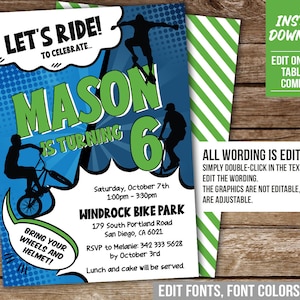 May include: A blue and green birthday invitation for a boy turning six. The invitation features a comic book style design with a boy riding a bicycle and the text "Let's Ride! To Celebrate... Mason is turning 6". The invitation also includes details about the party, including the date, time, location, and RSVP information.