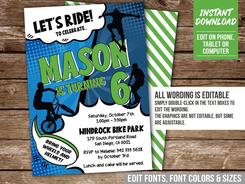 May include: A blue and green birthday invitation for a boy turning six. The invitation features a comic book style design with a boy riding a bicycle and the text "Let's Ride! To Celebrate... Mason is turning 6". The invitation also includes details about the party, including the date, time, location, and RSVP information.