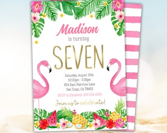 May include: A pink and white tropical themed birthday invitation for a girl turning seven. The invitation features pink flamingos, palm leaves, pineapples, watermelon, and sunglasses. The text on the invitation reads "Madison is turning SEVEN".