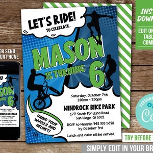 May include: A blue and green birthday party invitation with a comic book style design. The invitation says "Let's Ride! To Celebrate... Mason is turning 6". It includes details about the party, including the date, time, location, and RSVP information.
