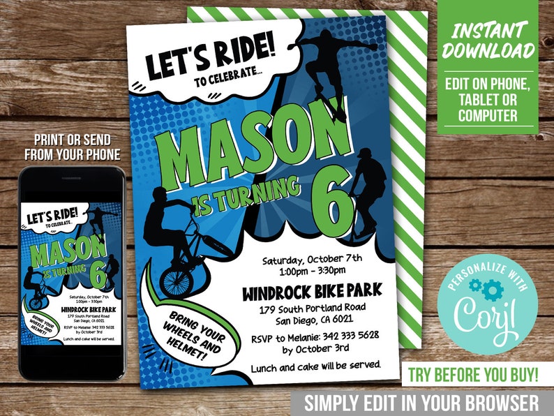 May include: A blue and green birthday party invitation with a comic book style design. The invitation says "Let's Ride! To Celebrate... Mason is turning 6". It includes details about the party, including the date, time, location, and RSVP information.