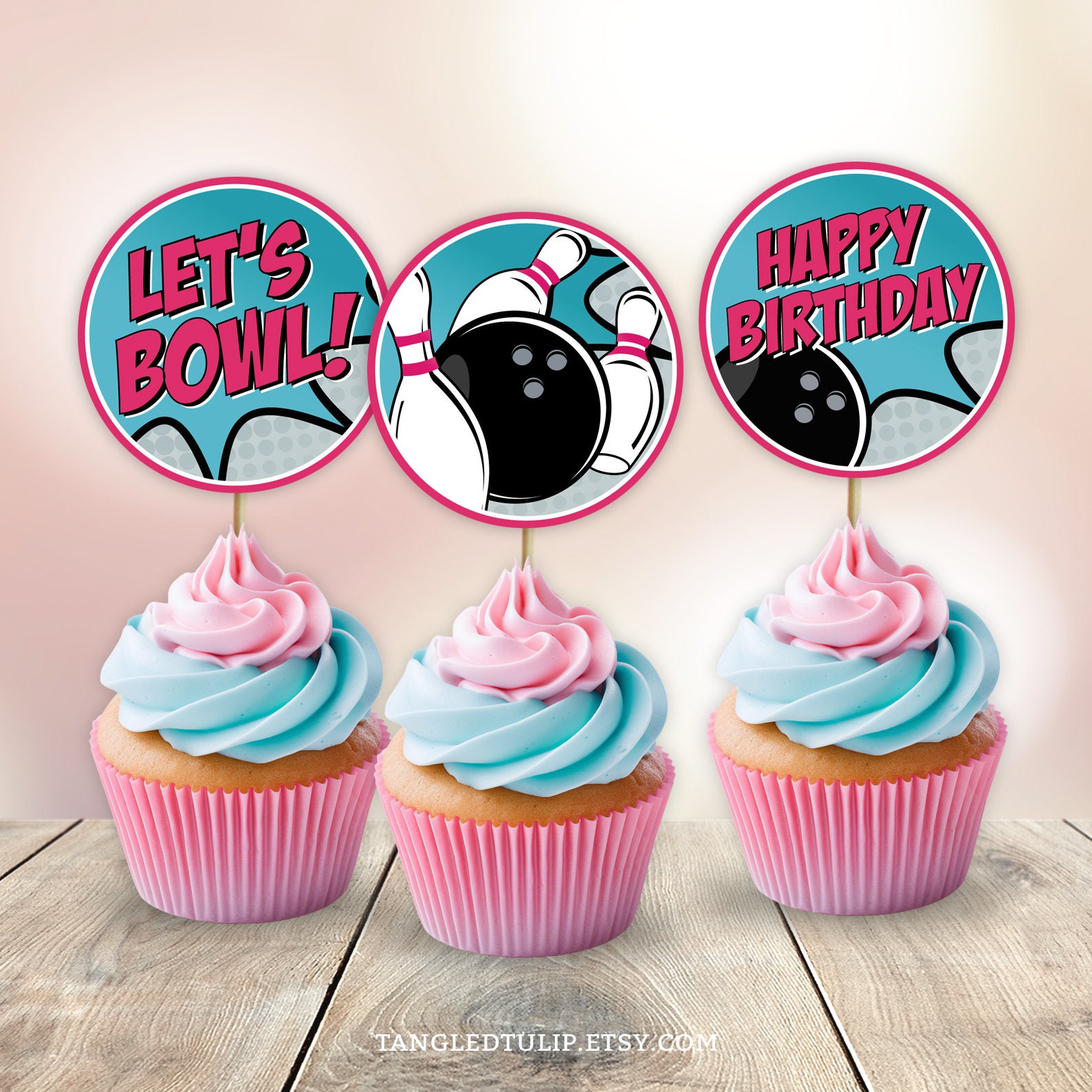Bowling Birthday Cupcake Toppers Girl Tenpin Party Decoration Pins Strike Cake Download Digital PRINTABLE BB2