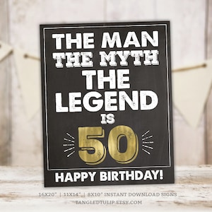 50th Birthday Sign The Man The Myth The Legend Gold Chalkboard Party Decoration Instant Download, PRINTABLE MM50