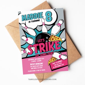 Bowling & Pizza Birthday Invitation Girl Editable Tenpin Bowl Pizza Party Invite Digital Download PRINTABLE Corjl BB2