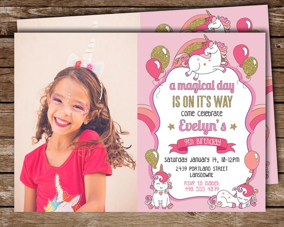 Unicorn Party Invite with Photo, Unicorn Theme Printable Invite, Unicorn Party Invite for Girl, Printable Invitation, Invite with picture Il_570xn