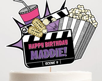 Verjaardagstaarttopper film | Aangepaste naam en leeftijd taarttopper | Afdrukbare bewerkbare sjabloon | Directe download MO4