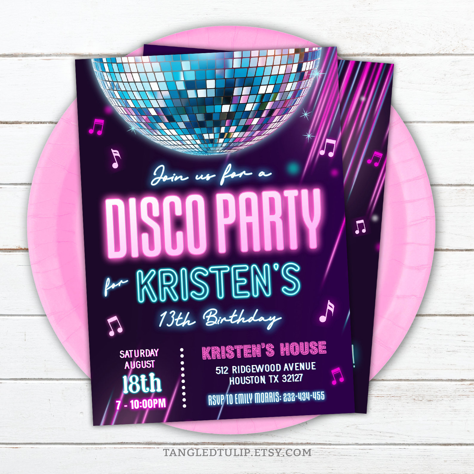 Invitación de cumpleaños de discoteca / Invitación de fiesta de cumpleaños  de discoteca con brillo neón para niña / Plantilla imprimible y editable /  Descarga instantánea GLO1 - Etsy México, image size:1588x1588