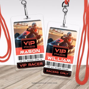 Bewerkbare sjabloon voor karting-ID-badge, skelter verjaardagsbadge, naamplaatje racer, skelter VIP-pastag, draagkoord, Corjl GOK1
