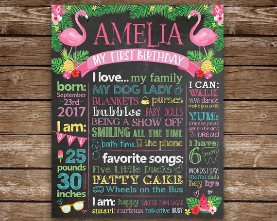 Tropical Flamingo First Birthday Chalkboard, Flamingo 1st Birthday Sign, Tropical theme, 1st Birthday Girl, Printable, Tropical Chalkboard Il_570xn