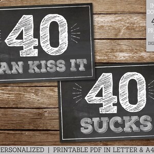 40th Birthday Signs, 40 Sucks, 40 Rocks, 40 Blows, Cheers to 40 Years, 40th Party Decor, 6 Chalkboard Style Signs Silver, PRINTABLE MS40 image 3