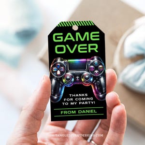 Tags modifiables de fête de jeu, étiquettes de remerciement d'anniversaire de joueur, game over tags, modèle de tag numérique, contrôleur de jeu vidéo, Corjl GA1