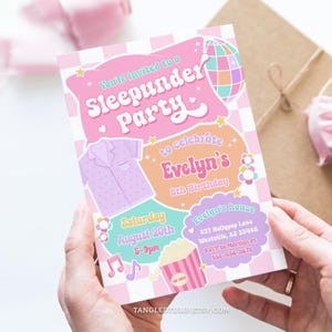 A Sleepunder Party invitation for the Birthday Girl! In a groovy design and pastel colors, with pajamas, popcorn for movies, music notes and disco ball. A cute rhyme at the back explains the concept of a Sleepunder. Fully editable invitation template.
