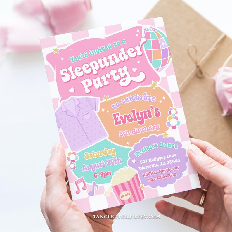 A Sleepunder Party invitation for the Birthday Girl! In a groovy design and pastel colors, with pajamas, popcorn for movies, music notes and disco ball. A cute rhyme at the back explains the concept of a Sleepunder. Fully editable invitation template.