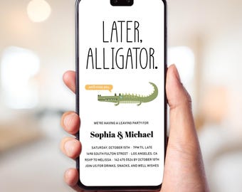 Uitnodiging voor het verlaten van het feest | Afscheid gaat later weg Alligator | Bewerkbare telefoonsjabloon FAR1