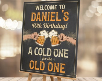 Editable Retro Vintage Beer Birthday Welcome Sign 40th Cold One Old One Cheers Personalized Chalkboard Digital PRINTABLE Corjl BV40