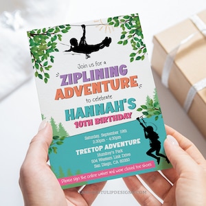 Ziplining Birthday Invitation for Girl Editable Zipline Outdoor Adventure Party Invite Digital Download PRINTABLE Corjl GZ2