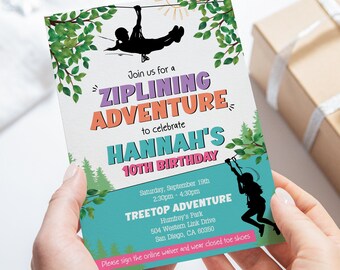 May include: A colorful invitation for a 10th birthday party with a ziplining theme. The invitation features a cartoon image of a girl ziplining through trees. The text reads "Join us for a Ziplining Adventure to celebrate Hannah's 10th Birthday". The invitation also includes the date, time, and location of the party.