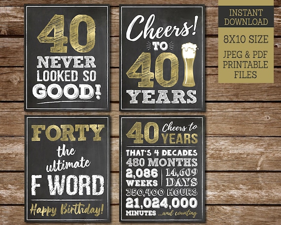 40th Birthday Sign Pack, 40th Birthday PRINTABLE Signs, Cheers to 40 Years Sign, 40 Never Looked So Good, 8x10 chalk signs Il_570xn