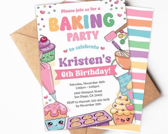 Puede incluir: Una colorida invitación para una fiesta de cumpleaños con temática de repostería. La invitación presenta cupcakes de dibujos animados, utensilios de cocina y el texto "BAKING PARTY" y "Kristen's 6th Birthday!" sobre un fondo blanco.