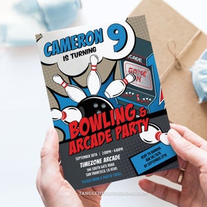 Editable Bowling & Arcade Birthday Invitation, Bowl and Arcade Games Party Invite, Invitation Template, Digital Invite, Corjl BB1