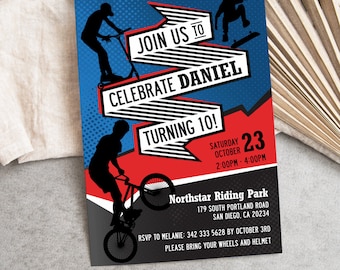 Bike Skateboard Scooter Birthday Invitation | Boy Bike Ride Party Invite | Printable Editable Template BS2