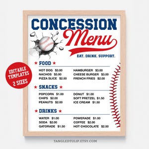 May include: A framed concession menu with a baseball theme. The menu lists food, snacks, and drinks with prices. The top of the menu reads "CONCESSION Menu" in blue and red. A baseball graphic is on the top left.