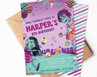 Invitación de cumpleaños de zombies / Invitación de cumpleaños de chicas zombies / Plantilla imprimible y editable / Descarga instantánea ZOM1