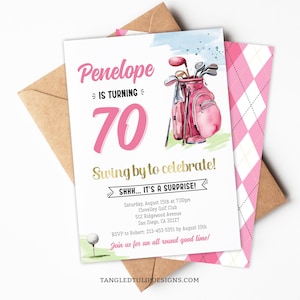 Golfspielerin 70. Geburtstagseinladung, bearbeitbare Golf-Themaparty einladen, rosa Golftasche, Überraschungsparty, digitaler Download Corjl