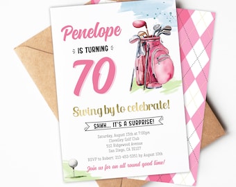 70th Golf Birthday Invitation | Woman Golf Theme Surprise 70th Birthday Party Invite | Printable Editable Template | Instant Download
