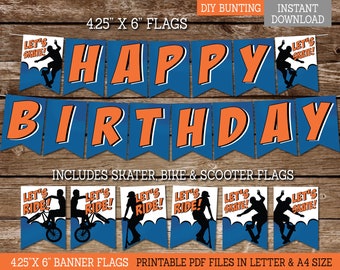 Verjaardagsbanner skatefietsscooter | Afdrukbare banner voor jongensfeestje direct downloaden SC1