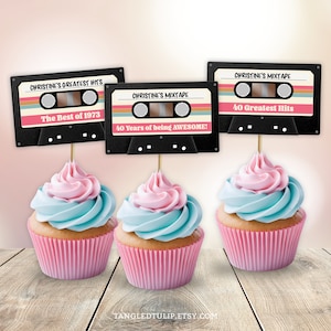 Cassettetape cupcake toppers bewerkbare vintage mixtape verjaardagsdecoratie Greatest Hits vrouw haar digitale download AFDRUKBARE Corjl VC2