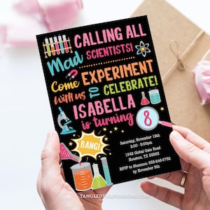 Girl Science Birthday Invitation, Editable Science Party Invite, Calling All Mad Scientists, Digital Invite for Girls, Black, Corjl SCI1