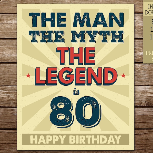 80th Birthday Sign for Men, The Man The Myth The Legend is 80, Happy 80th Birthday, Instant Download, PRINTABLE Retro Vintage Sign VB1