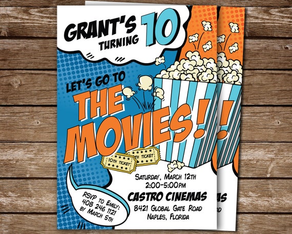 Movie Birthday Invite, PRINTABLE Movie Cinema Party Invitation for Boys, Let's Go To The Movies, Popcorn, Movie Night Digital Invite Il_570xn
