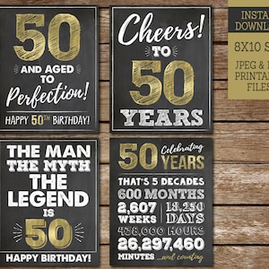 50 tot in de perfectie verouderd, legende van de manmythe is 50 AFDRUKBARE borden, gelukkige 50e verjaardag, Cheers to 50 Years, Instant Download MM50 WG50