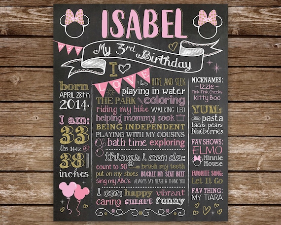 Third Birthday Chalkboard, 3rd Birthday Sign, Minnie Mouse, Birthday Girl, Printable Chalk Poster, Custom Colors, 3rd Birthday Sign Il_570xn