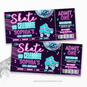 Rollschuh-Geburtstags-Einladungskarte, Let's Skate und Celebrate Girl Roller Skate Party einladen EDITIERBARE Neon Glow Download Corjl ROL1