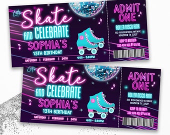 May include: A neon pink and blue invitation for a 13th birthday party. The invitation is shaped like a ticket and features a disco ball, roller skates, and the text "Let's Skate and Celebrate Sophia's 13th Birthday". The invitation also includes the date, time, and location of the party.