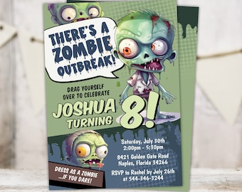 May include: Green and white zombie birthday party invitation with the text "There's a Zombie Outbreak!" and "Joshua Turning 8!"  The invitation includes details for the party, including the date, time, location, and RSVP information.