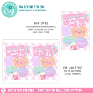 May include: Pink and purple sleepover party invitations with text that reads "Sleepunder Party" and "Evelyn's 8th Birthday." The invitations include a pajama top graphic, disco ball, popcorn, and event details.